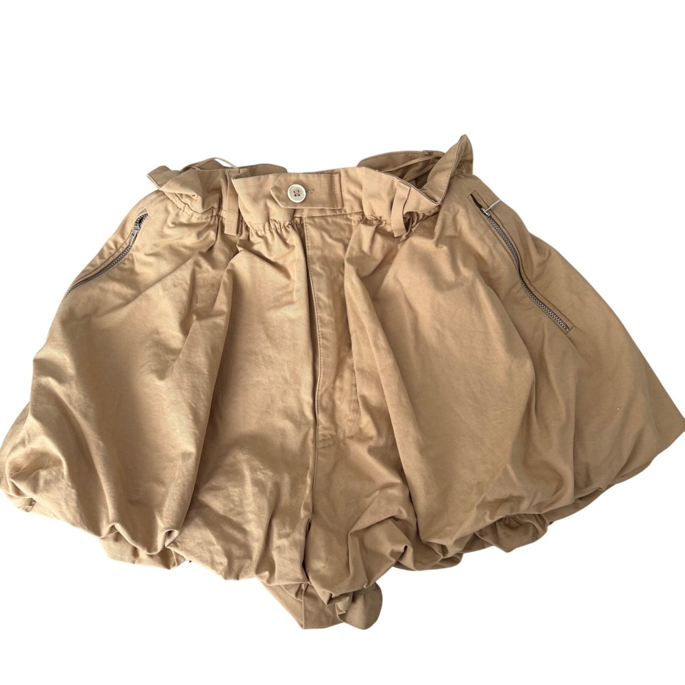 Zara Tan Khaki Bubble Hem Paperbag Waist Shorts Cotton Linen Blend Size M